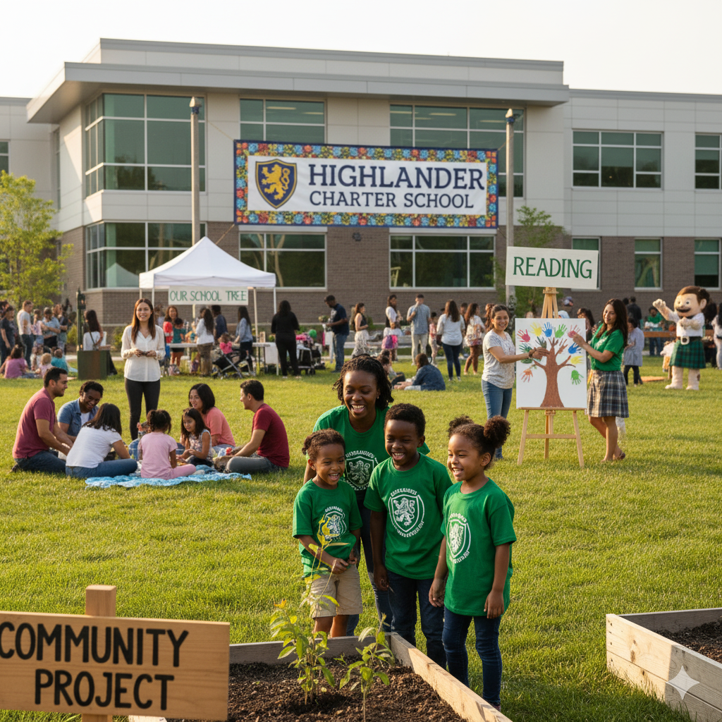 AI generated photo of families and students at the charter school
