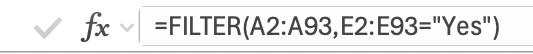 screenshot of filter function used