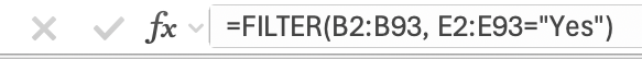 screenshot of filter function used